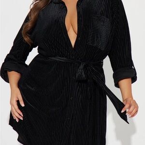 NWT Fashion Nova Jenni Velvet Mini Shirt Dress - Black Long Sleeve